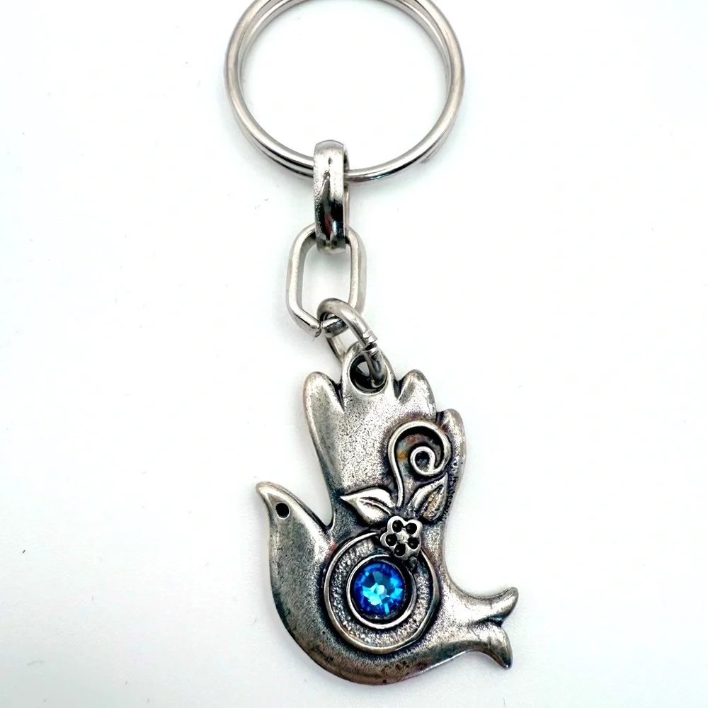 NIB Silver Tone Dove with Olive Branch Keychain Blue Gem Accent Engraved “Isram”